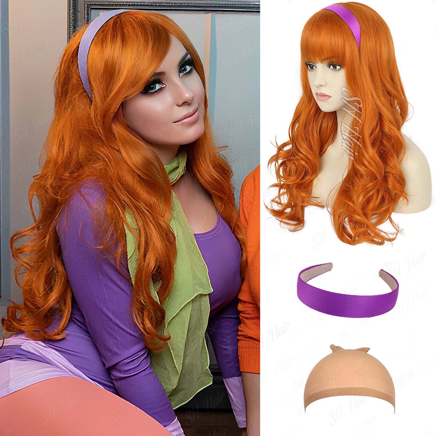 Magnifier With Light - Synthetic Long Curly Orange Wig+Purple Headband